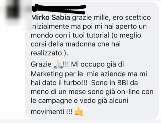 Messaggio di una persona che ha seguito i percorsi di Mirko Sabia 2