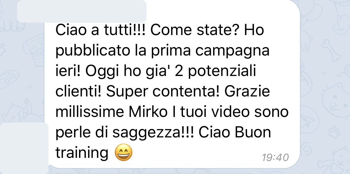 Messaggio anonimizzato di una persona che ha seguito i percorsi di Mirko Sabia 1