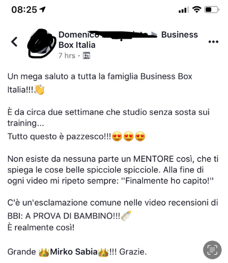Messaggio anonimizzato di una persona che ha seguito i percorsi di Mirko Sabia 19
