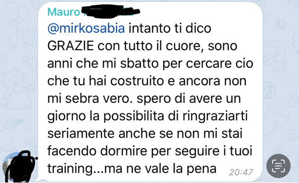 Messaggio anonimizzato di una persona che ha seguito i percorsi di Mirko Sabia 15